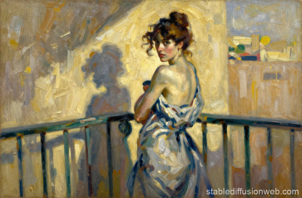 Woman on Sunlit Balcony in Impressionist Style