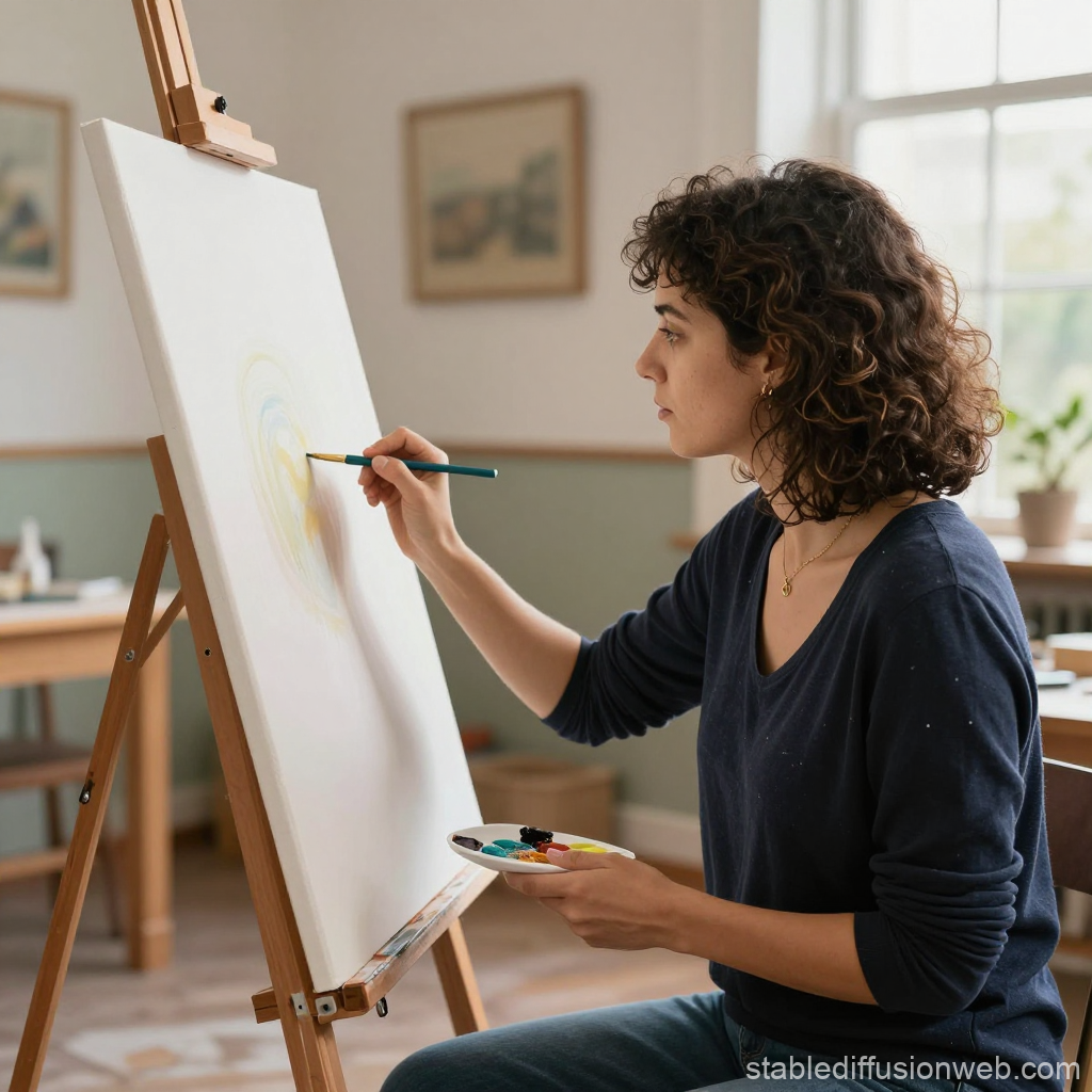Woman Painting Abstract Art on Canvas in Studio