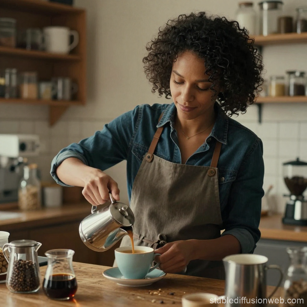 Woman Pouring Coffee in Cozy Kitchen