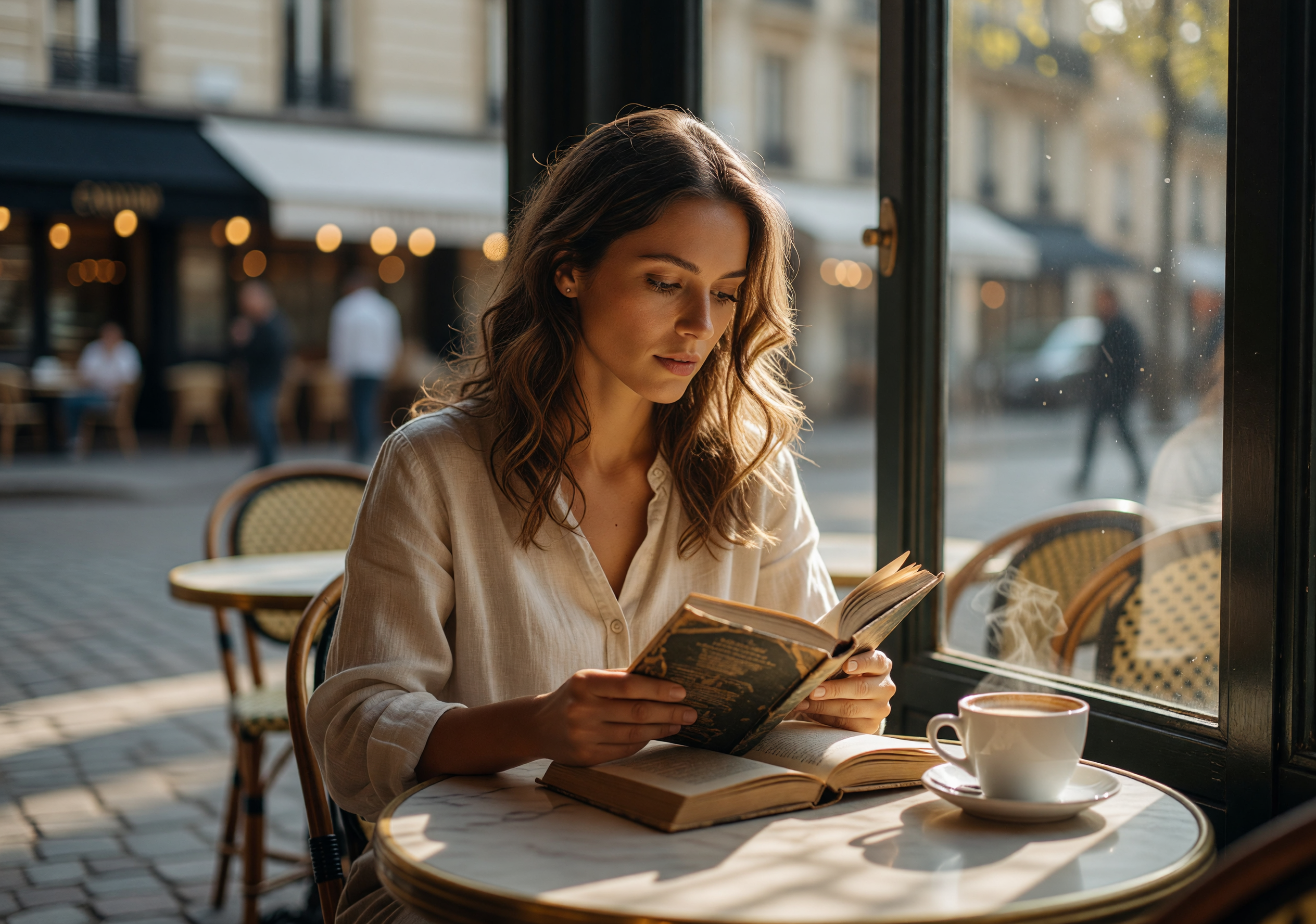 Woman Reading a Book at a Sunlit Parisian Cafe