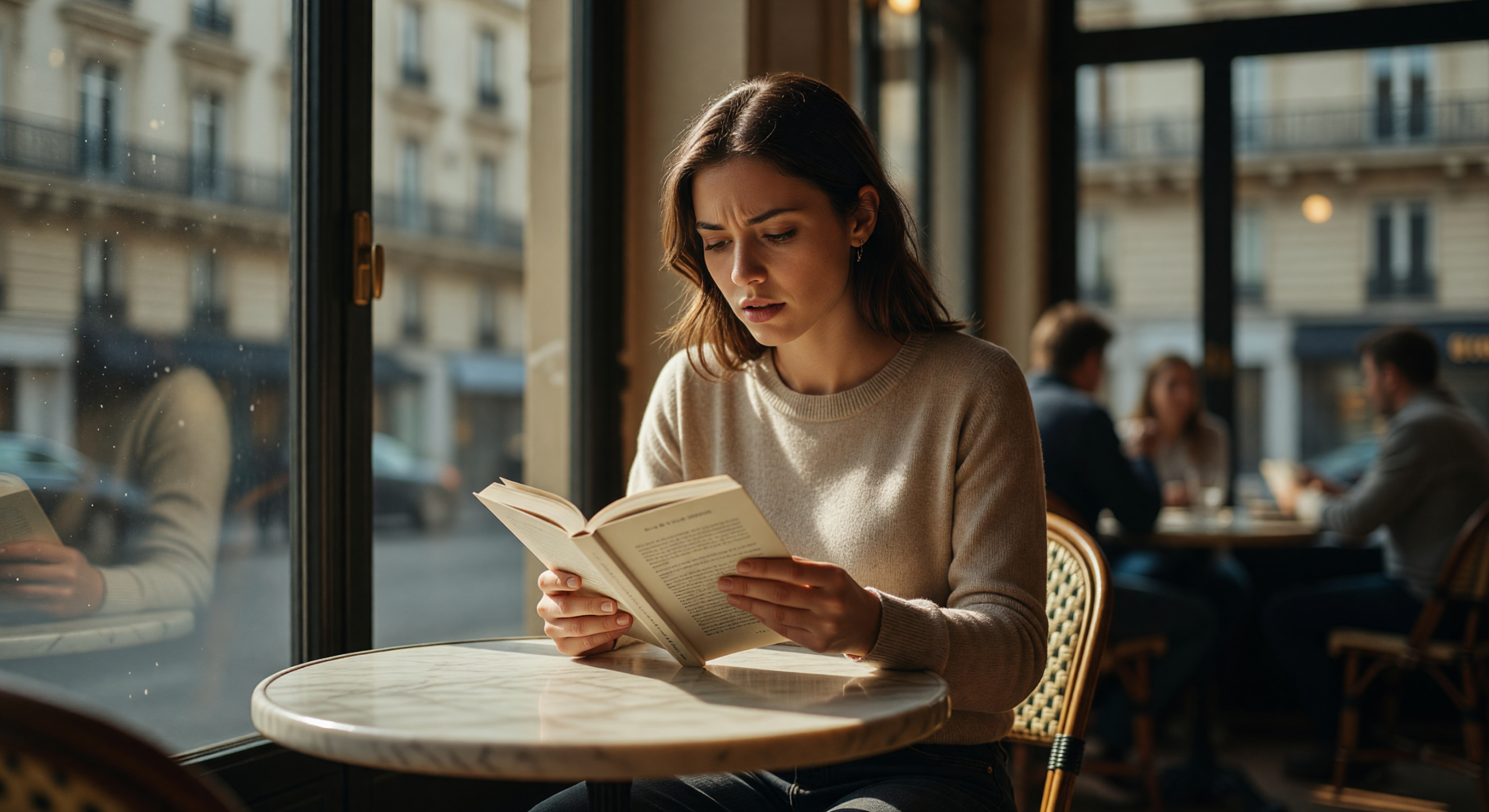 Woman Reading a Book in a Sunlit Parisian Café
