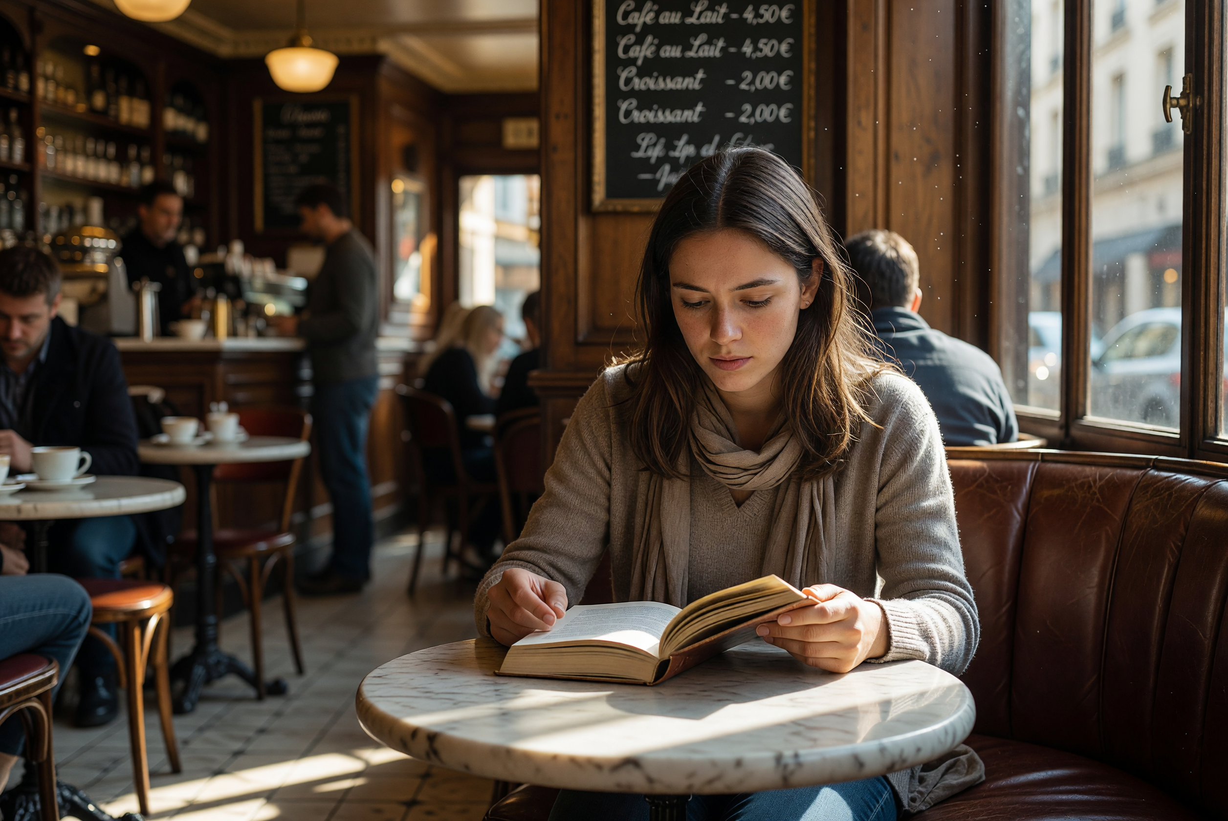 Woman Reading a Book in a Sunlit Parisian Cafe