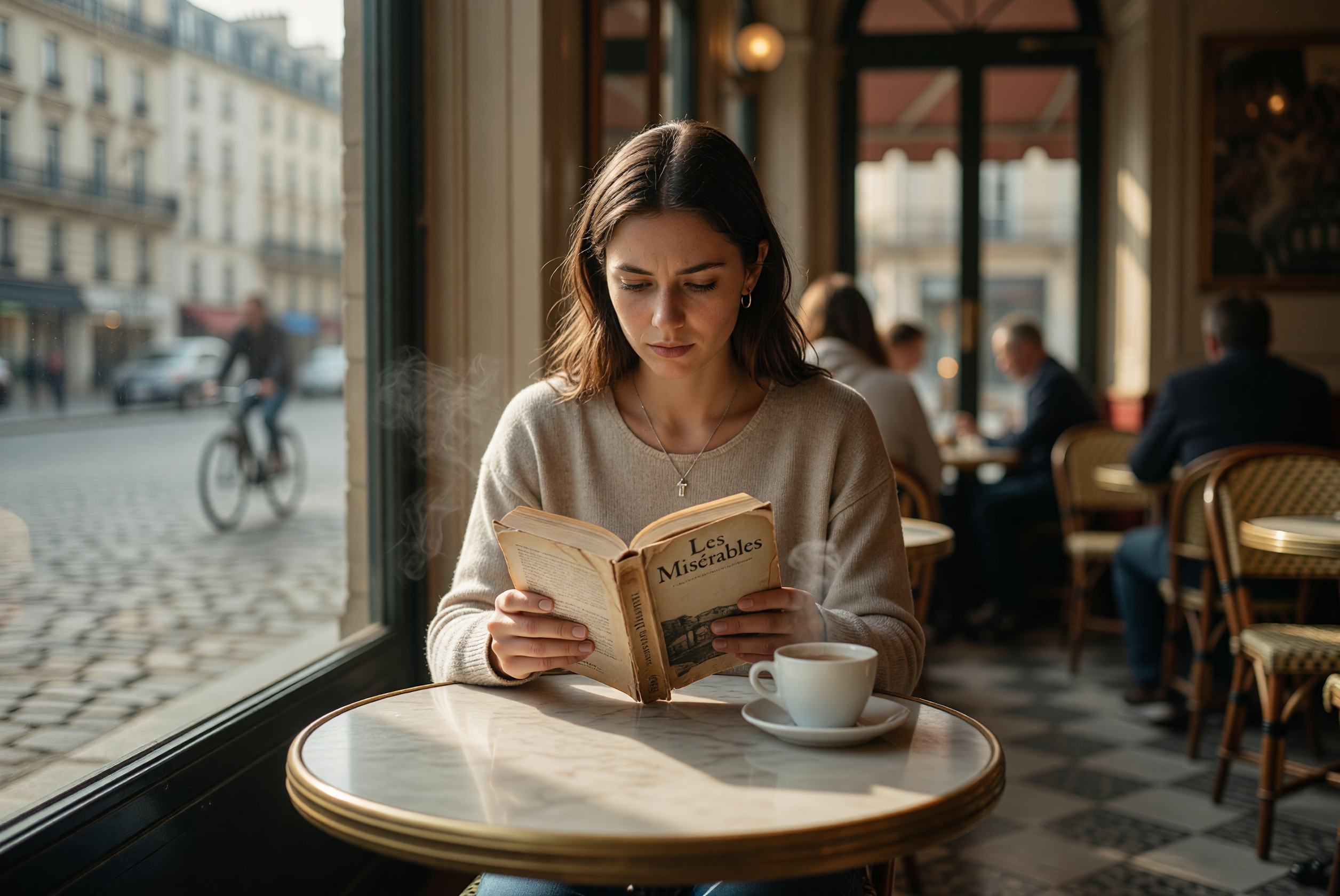 Woman Reading Les Misérables in a Sunlit Paris Cafe