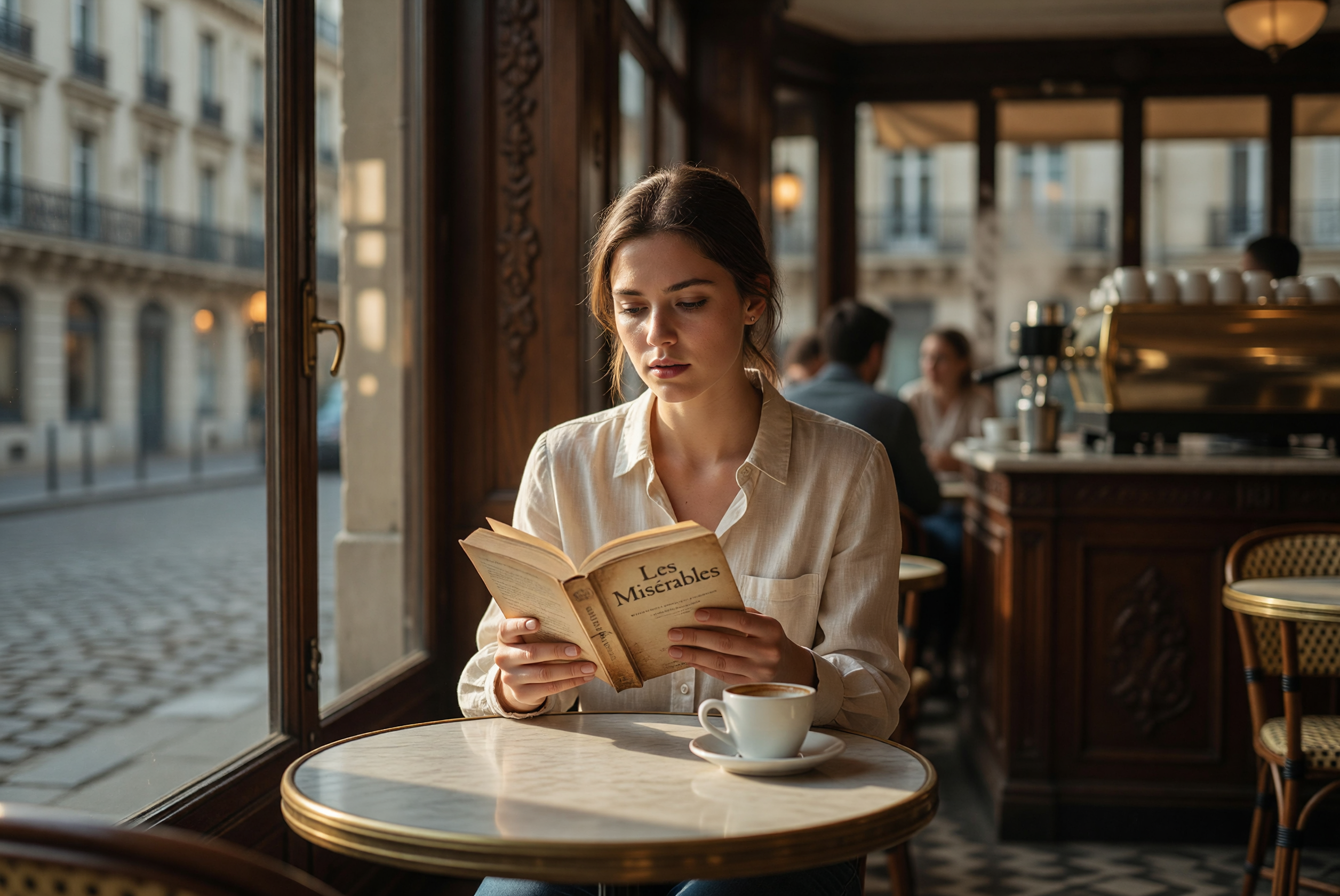 Woman Reading Les Misérables in a Sunlit Parisian Café
