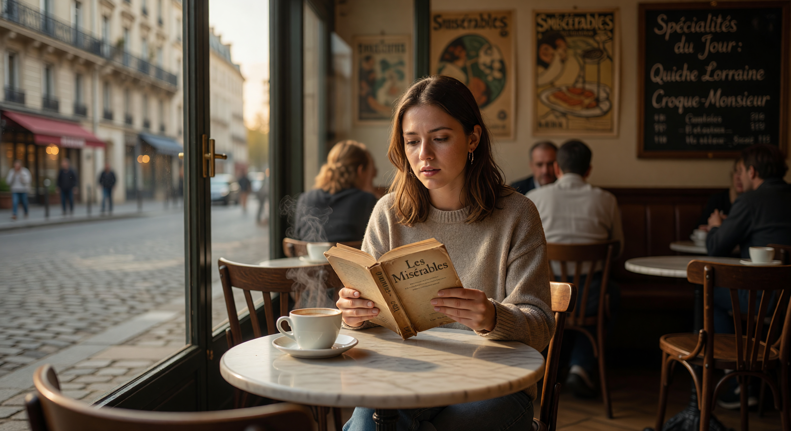 Woman Reading Les Misérables in a Sunlit Parisian Café