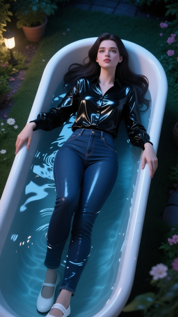Woman Relaxing in Bathtub Outdoors at Night