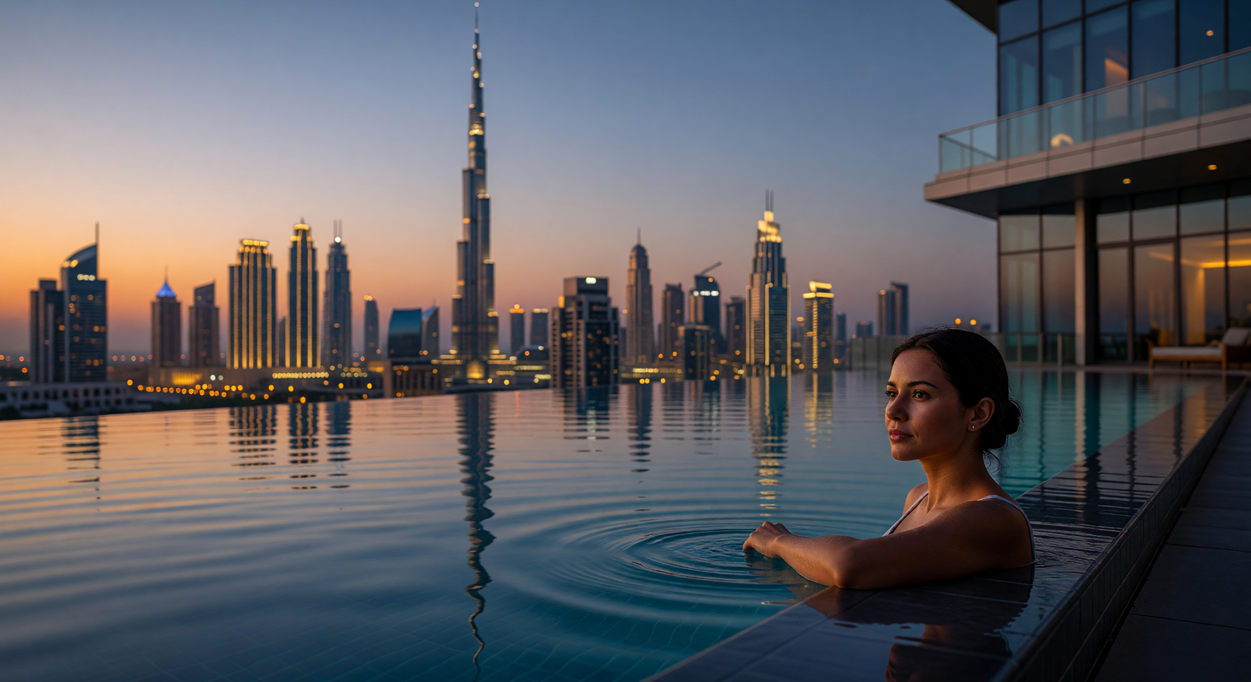 Woman Relaxing in Infinity Pool Overlooking Dubai Skyline at Dusk