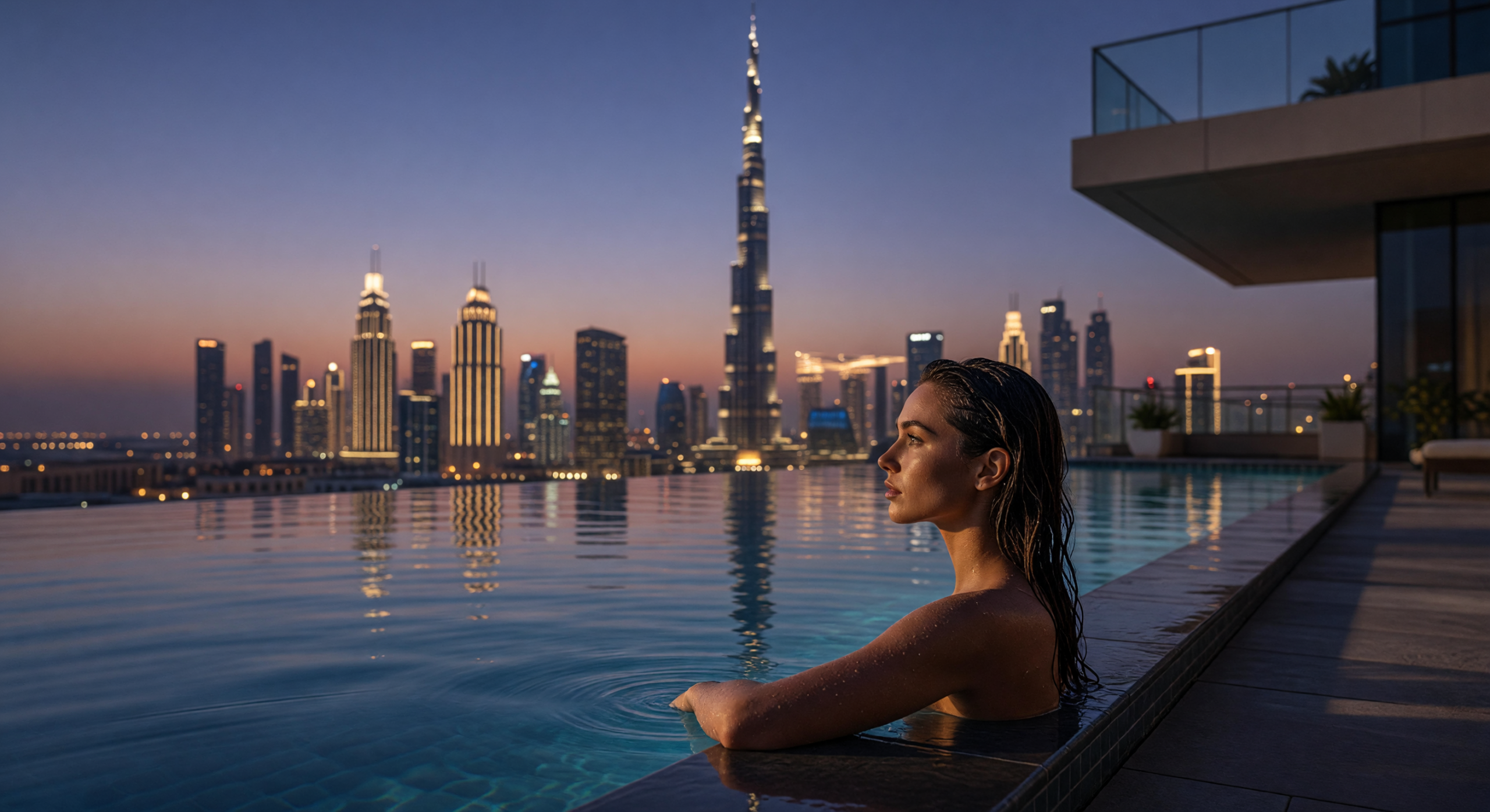 Woman Relaxing in Infinity Pool Overlooking Dubai Skyline at Dusk