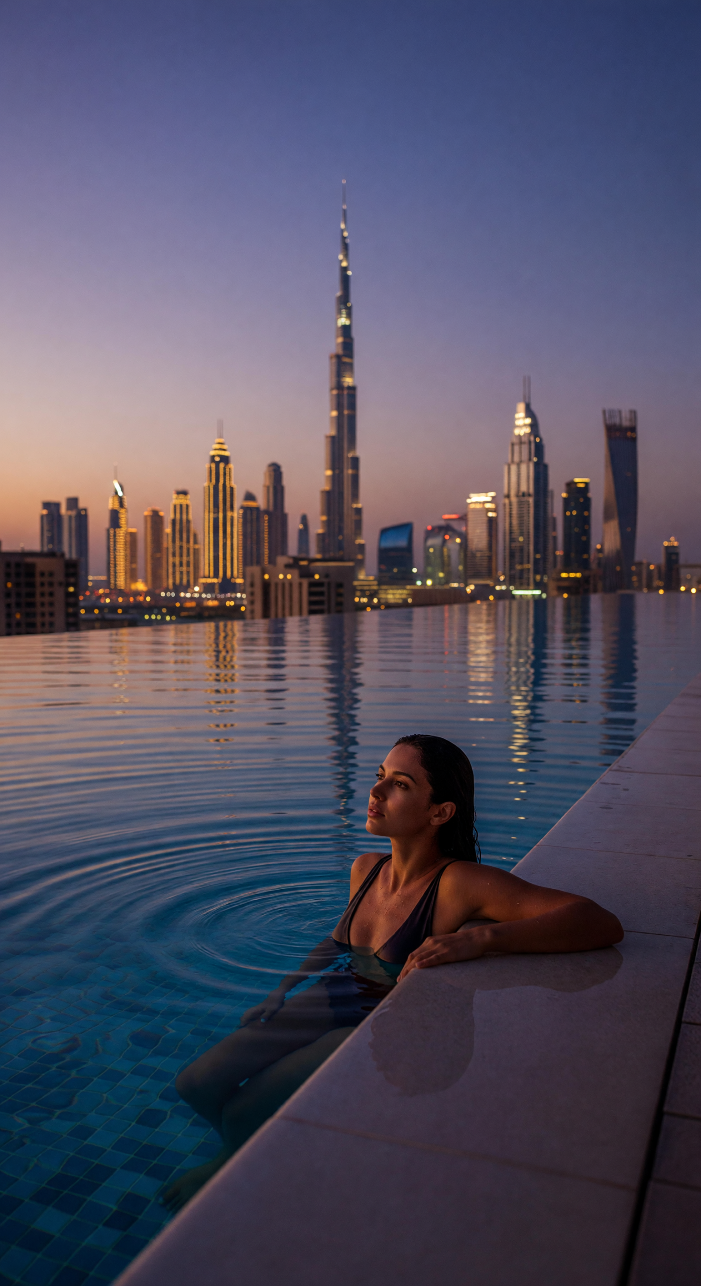 Woman Relaxing in Infinity Pool with Dubai Skyline at Dusk