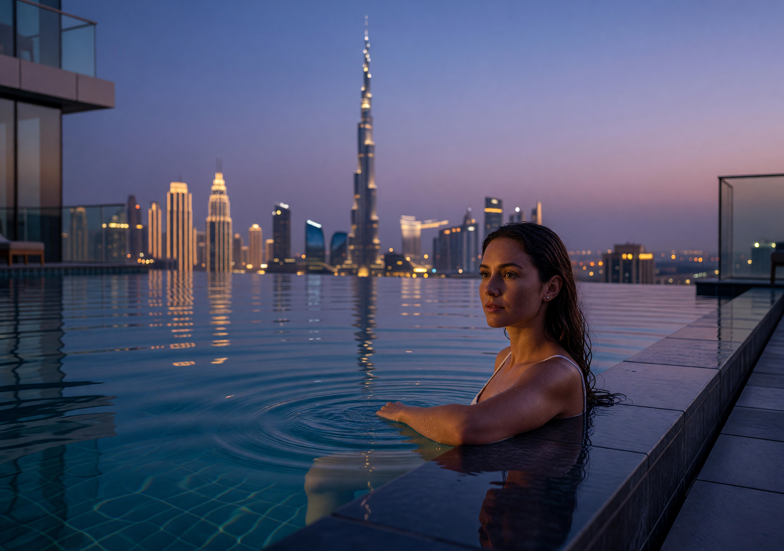 Woman Relaxing in Infinity Pool with Dubai Skyline at Dusk