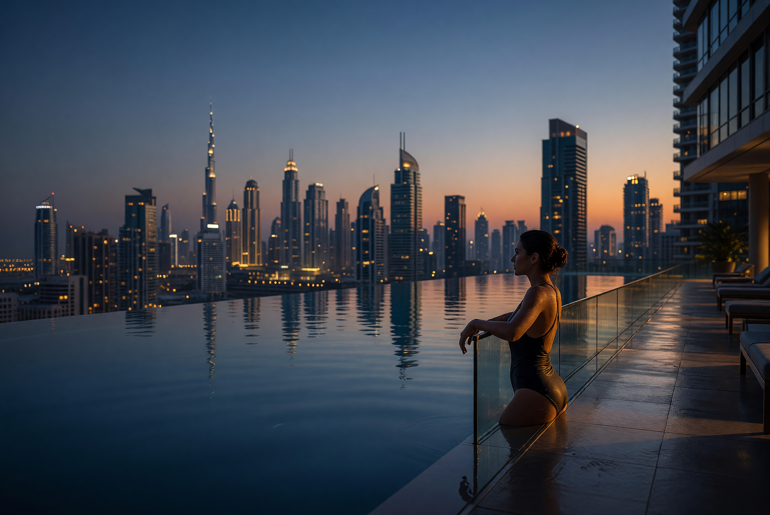 Woman Relaxing in Rooftop Infinity Pool at Dusk in Dubai