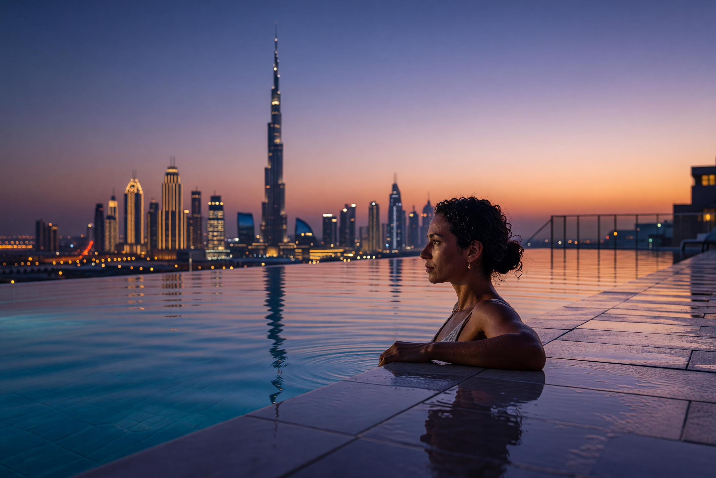 Woman Relaxing in Rooftop Infinity Pool at Dusk with Dubai Skyline