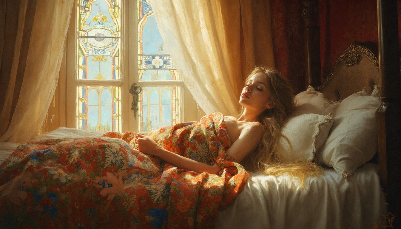 Woman Resting in Sunlit Vintage Bedroom