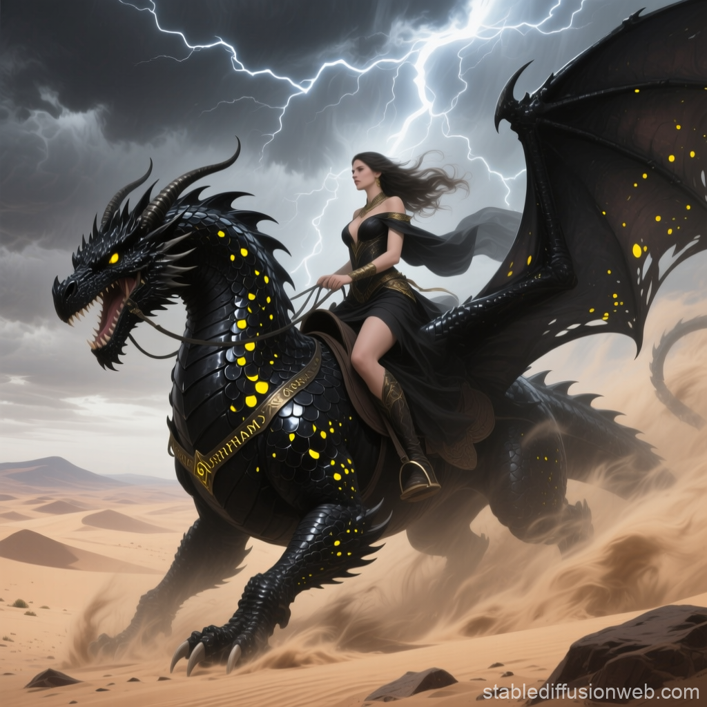 Woman Riding a Black Dragon in a Stormy Desert