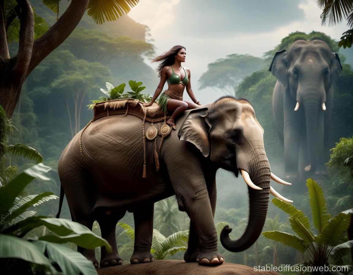 Woman Riding Elephant in Lush Jungle Landscape
