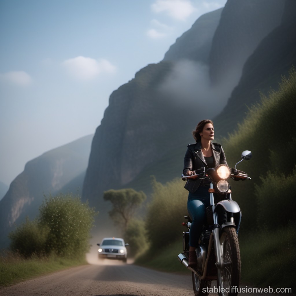 Woman Riding Motorcycle on Mountain Road at Dusk