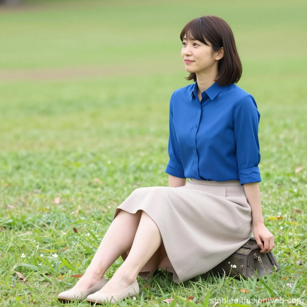 Woman Sitting on Grass in Blue Shirt and Beige Skirt