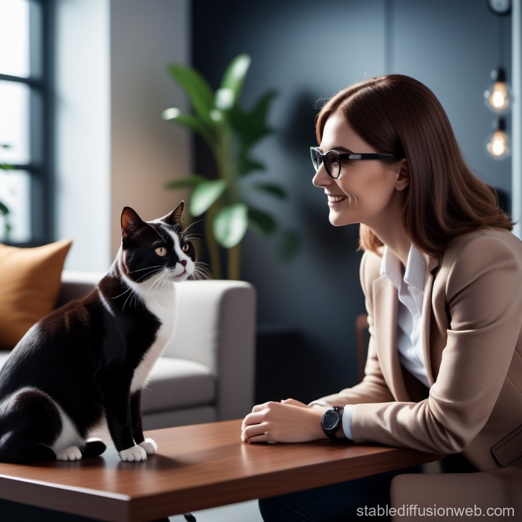 Woman Smiling at Black and White Cat on Table