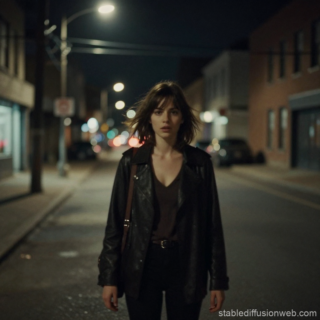 Woman Standing Alone on a Dimly Lit Street at Night