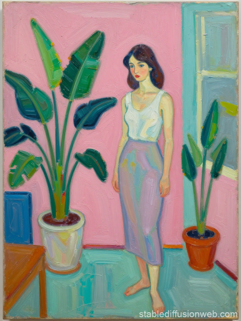 Woman Standing in a Colorful Room with Plants