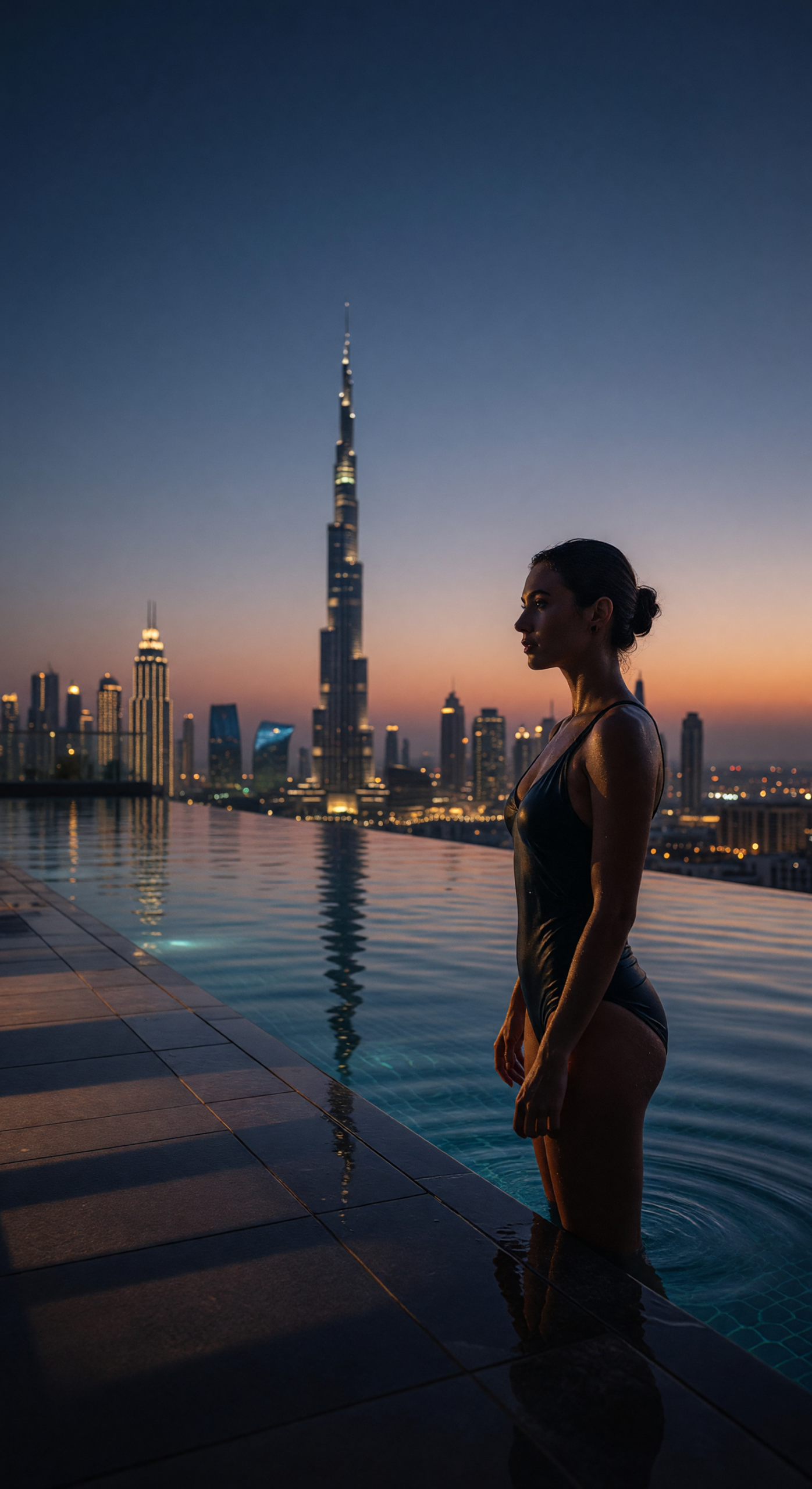 Woman Standing in Infinity Pool Overlooking Dubai Skyline at Dusk
