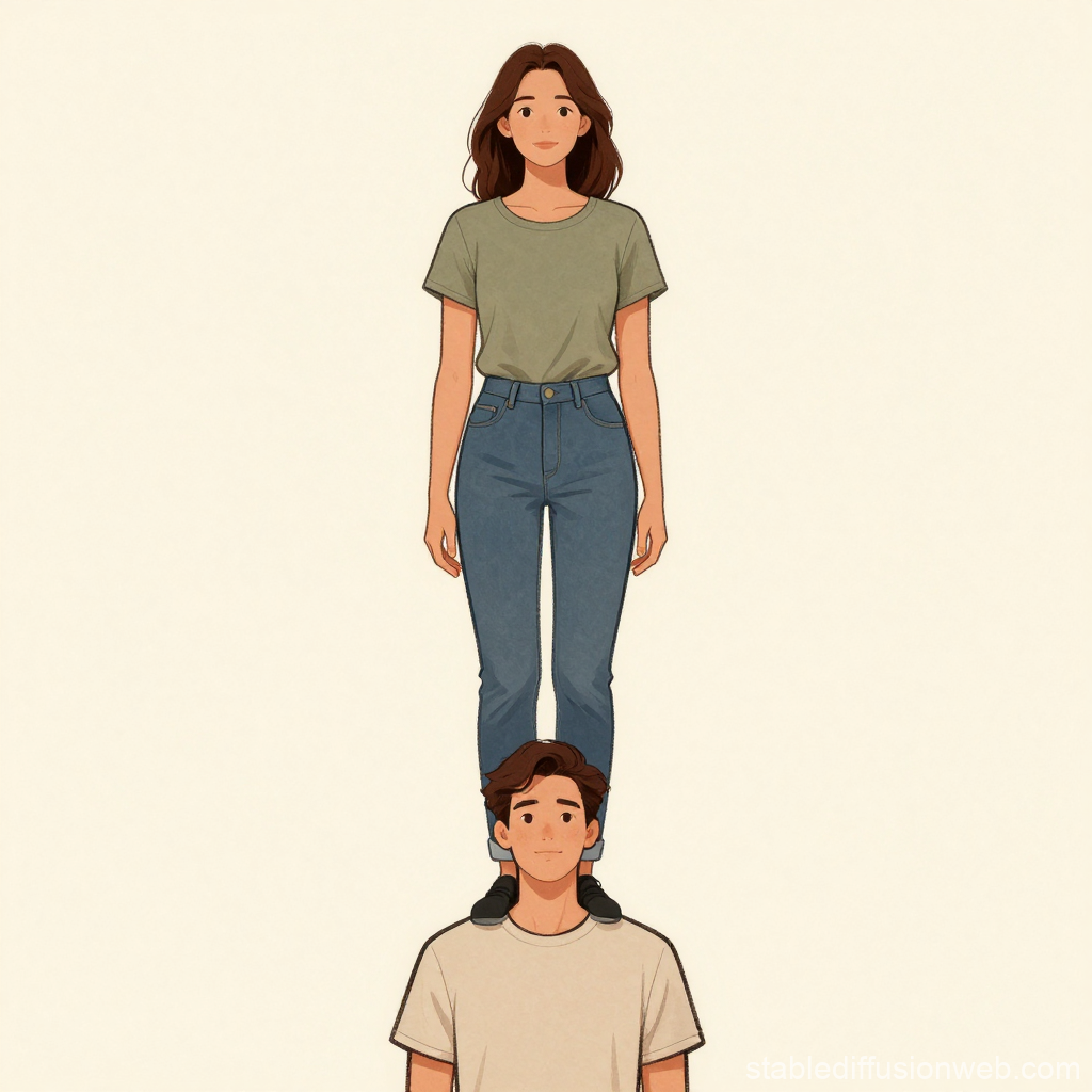 Woman Standing on Man's Shoulders in Casual Clothes