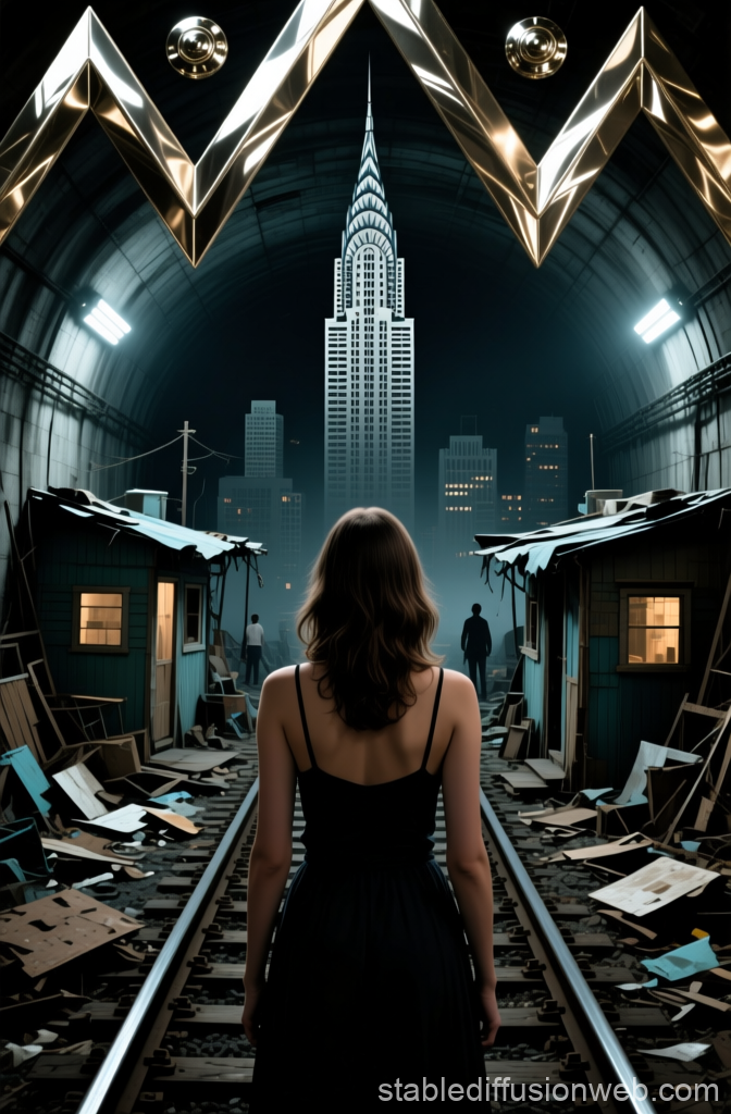 Woman Standing on Train Tracks Facing Cityscape at Night