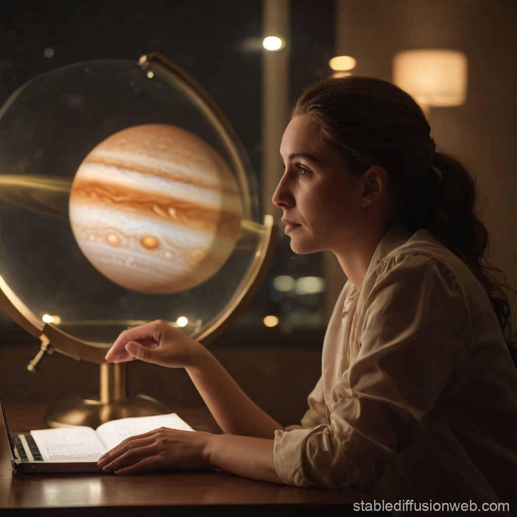 Woman Studying Jupiter Model in Warmly Lit Room