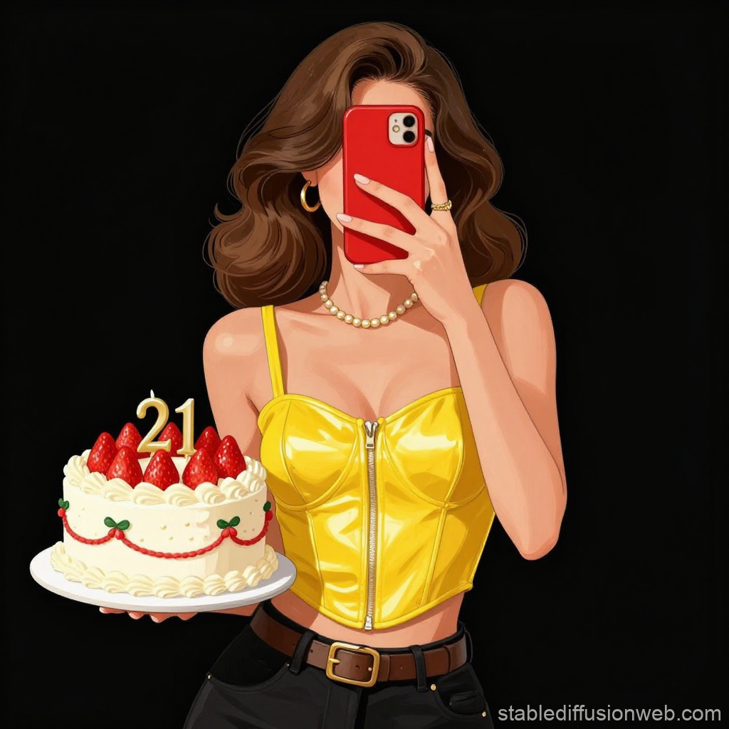 Woman Taking Mirror Selfie with 21st Birthday Cake