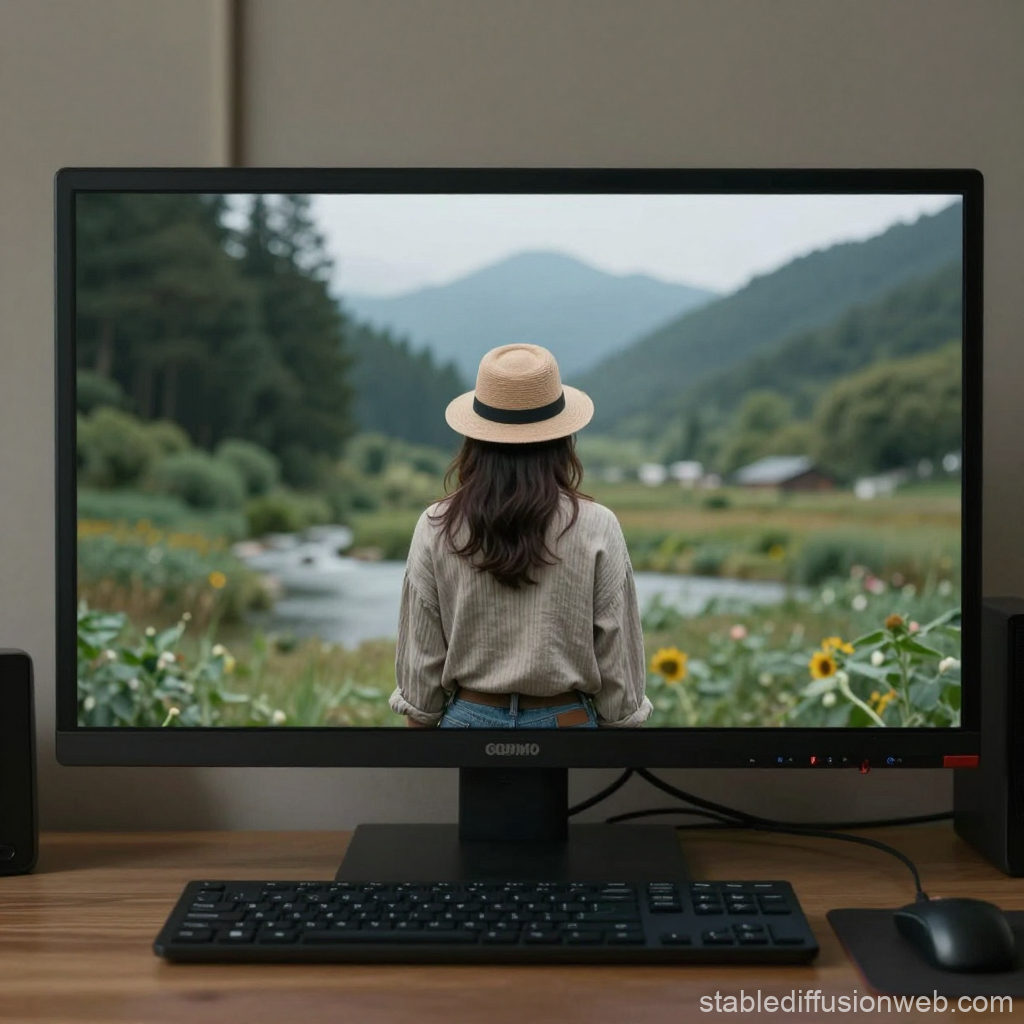 Woman Viewing Scenic Landscape on Computer Monitor