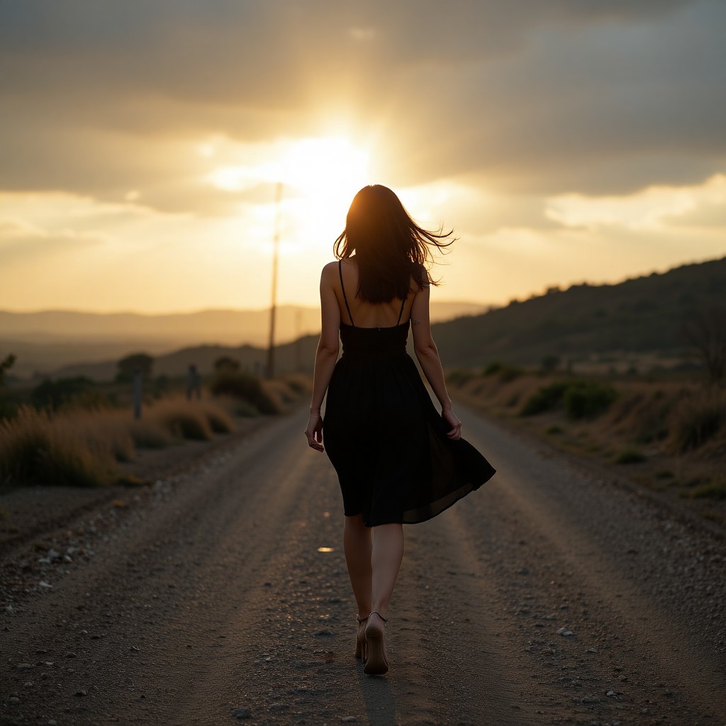 Woman Walking Alone on a Rural Road at Sunset