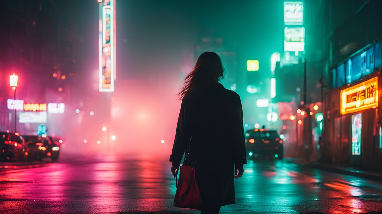 Woman Walking Alone on Foggy Neon-Lit City Street at Night