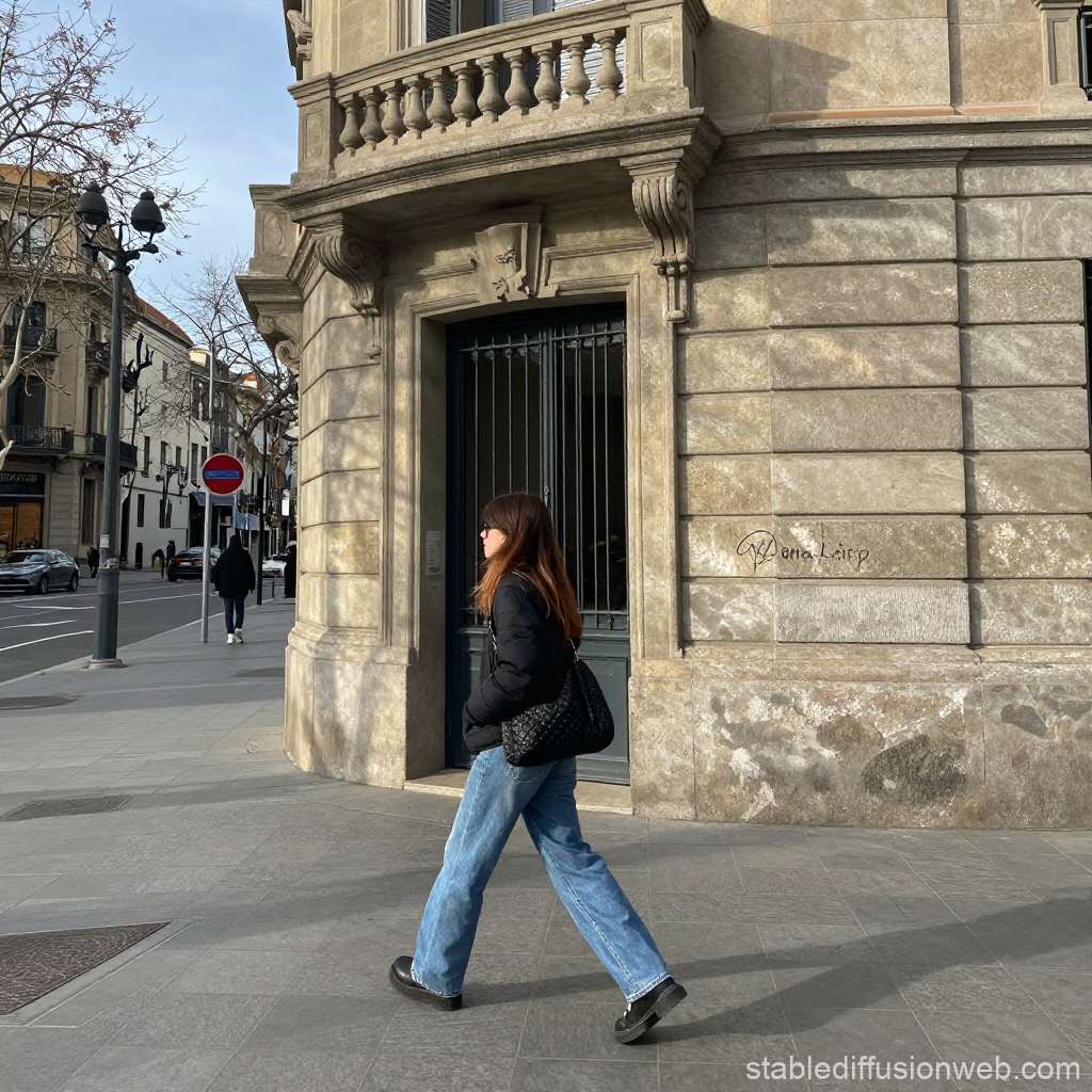 Woman Walking Along Historic Urban Street