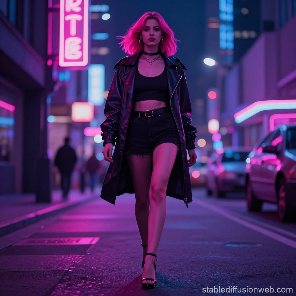 Woman Walking Confidently in Neon-Lit Urban Night
