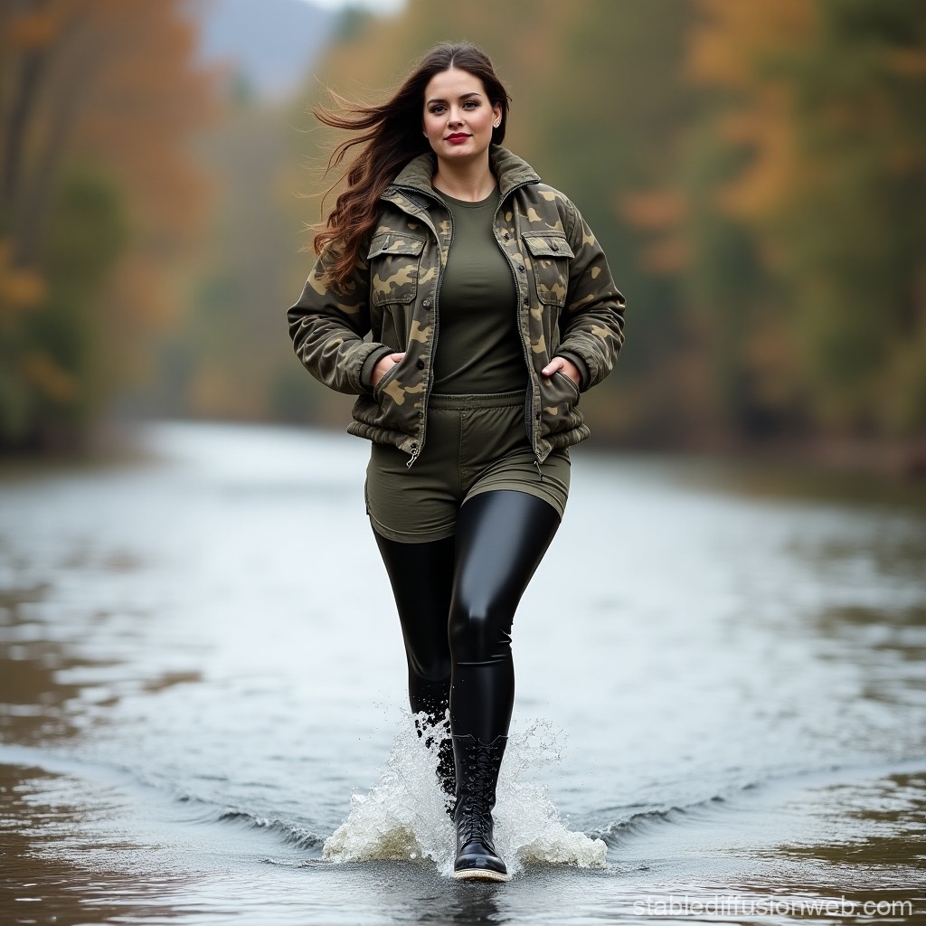 Woman Walking Confidently Through Shallow Water in Autumn