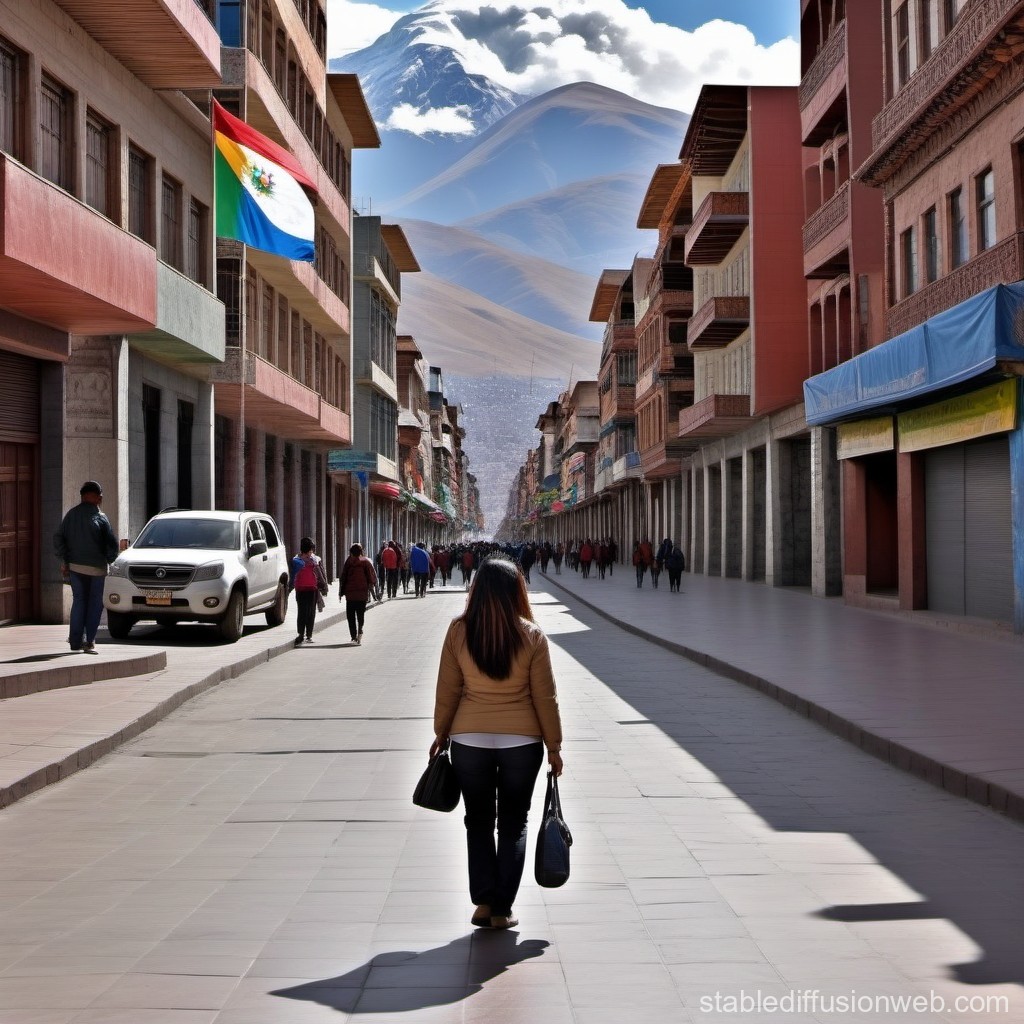 Woman Walking Down a Mountain-Backed City Street