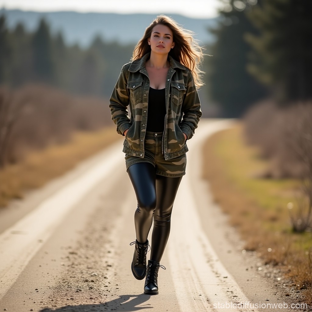 Woman Walking on Rural Road in Camouflage Jacket and Leather Pants