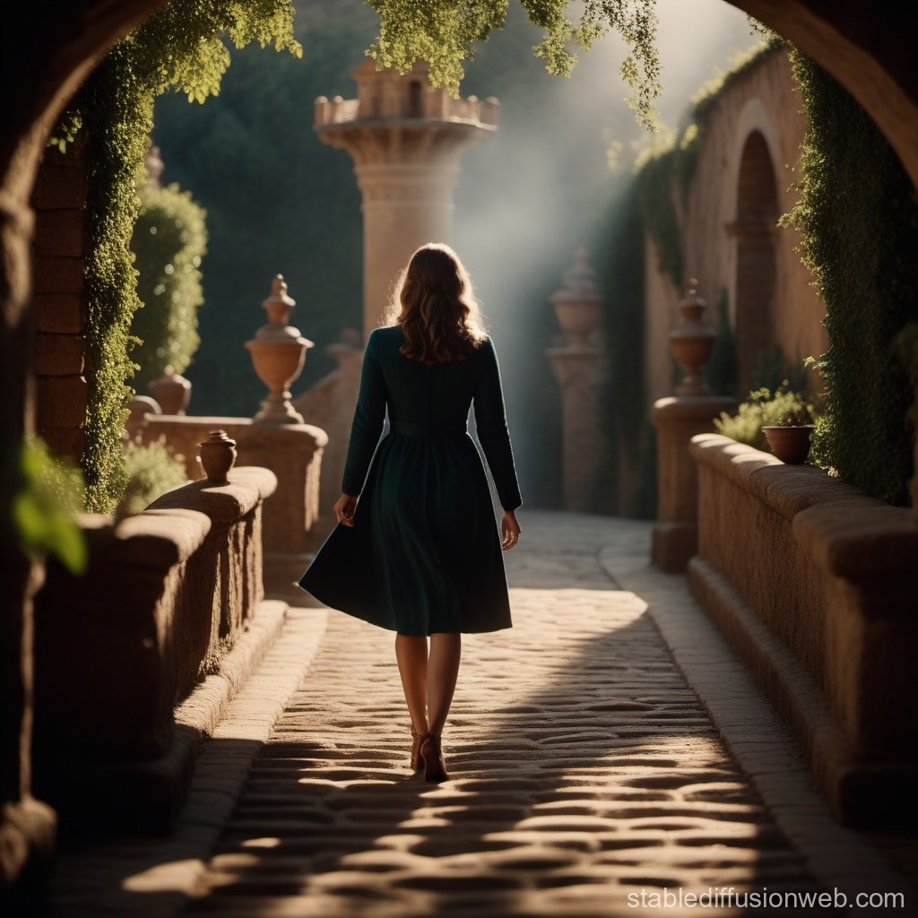 Woman Walking Through Sunlit Historic Courtyard