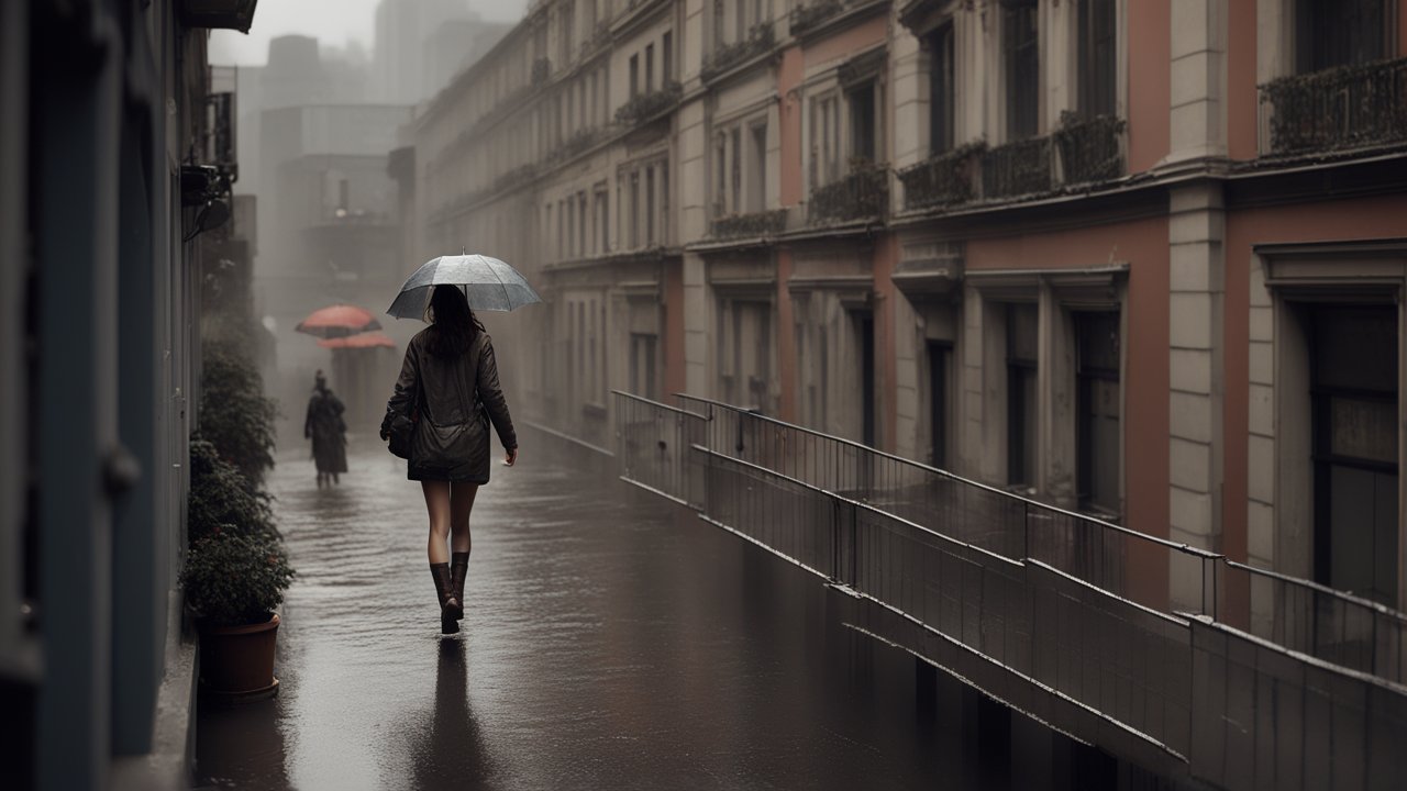 Woman Walking with Umbrella on Rainy Urban Street
