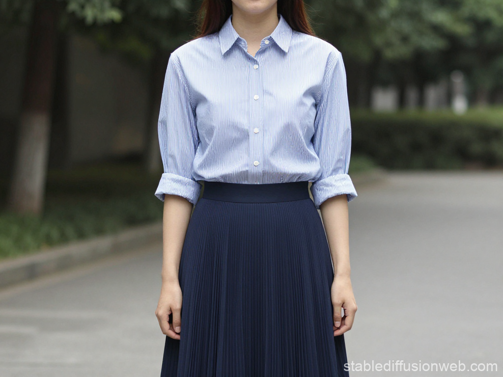 Woman Wearing Blue Striped Shirt and Navy Pleated Skirt