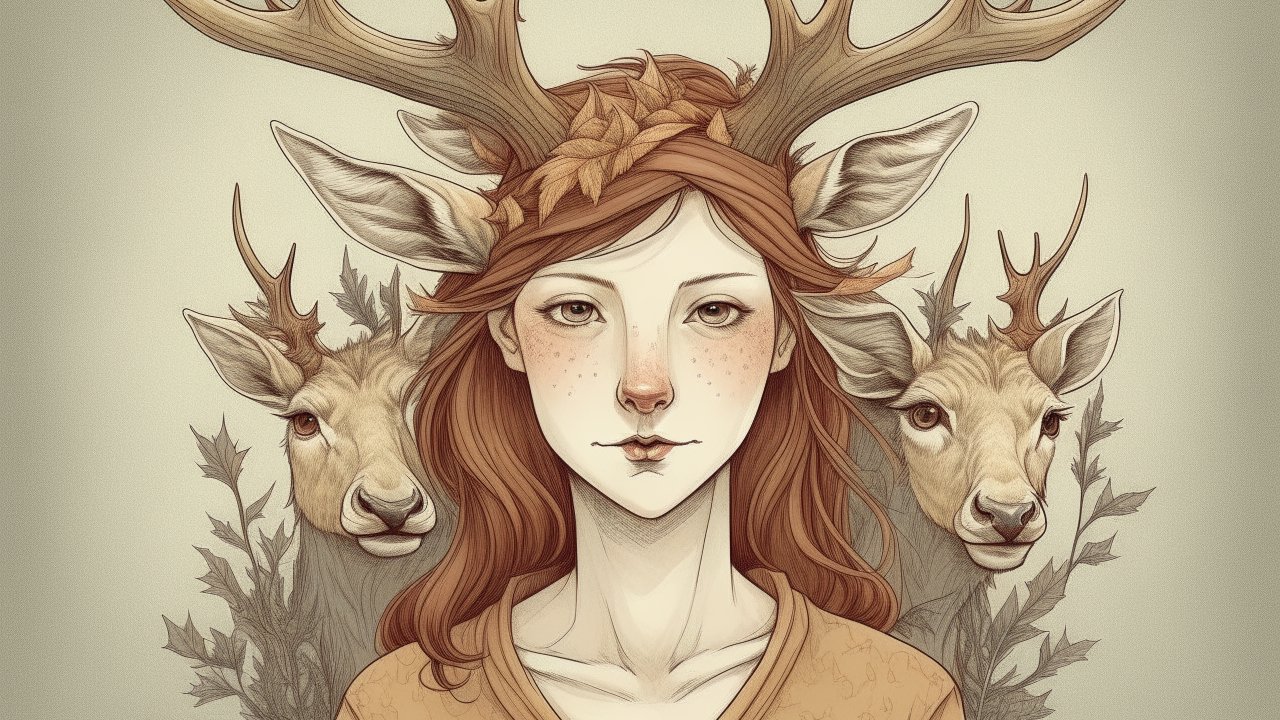 Woman with Deer Antlers and Two Deer Companions