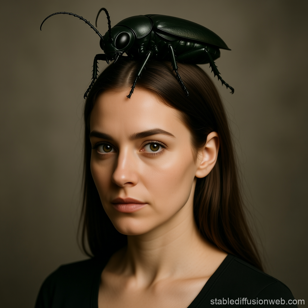 Woman with Giant Black Beetle on Head