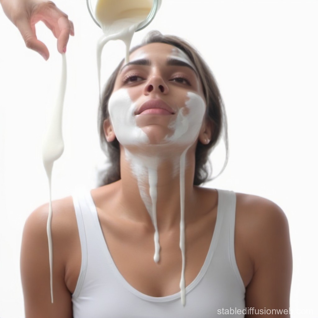 Woman with Milk Pouring on Face in White Tank Top