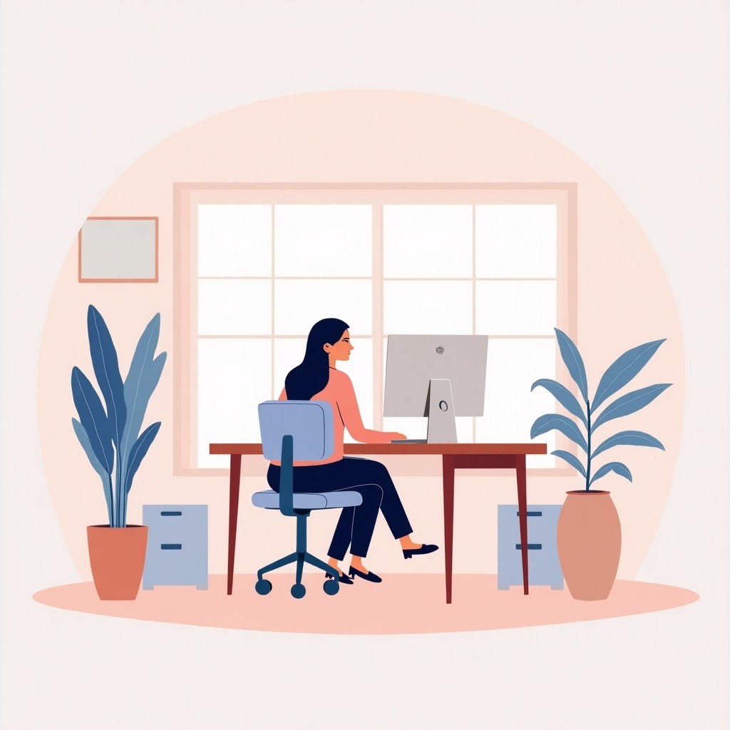 Woman Working at Desk in Minimalist Home Office
