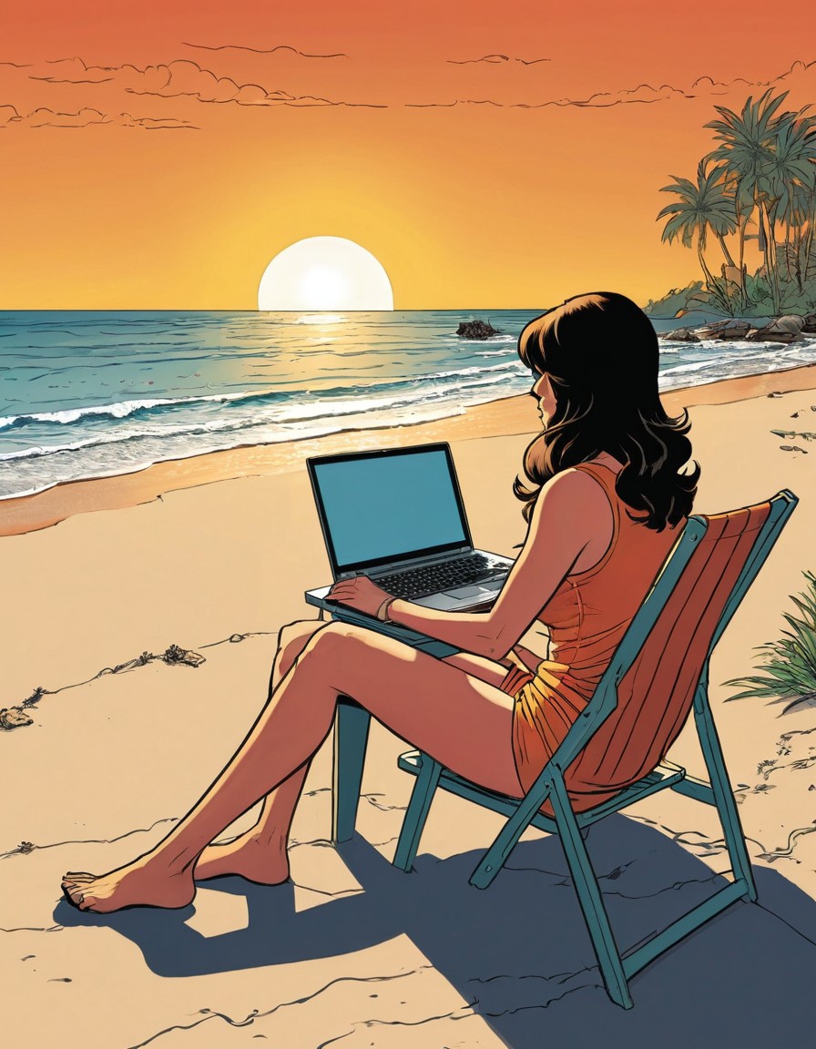 Woman Working on Laptop at Sunset Beach
