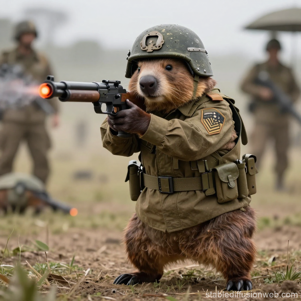 Wombat Warrior in Military Gear on Battlefield