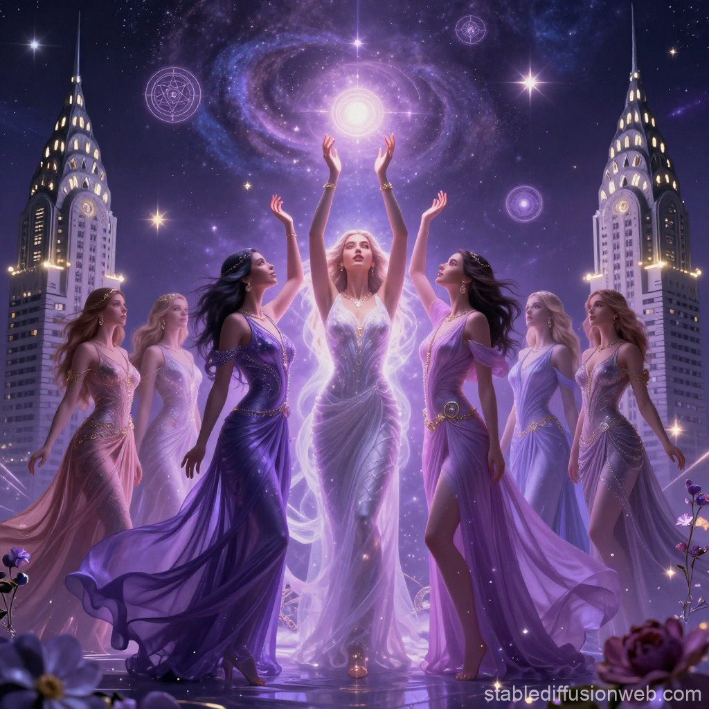 Women of Cosmic Power in Ethereal Evening Gowns