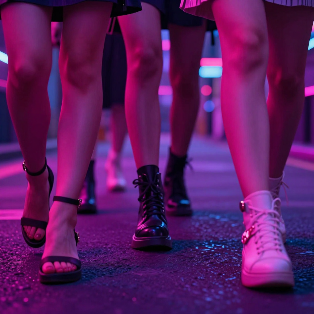 Women Walking in Stylish Footwear Under Neon City Lights