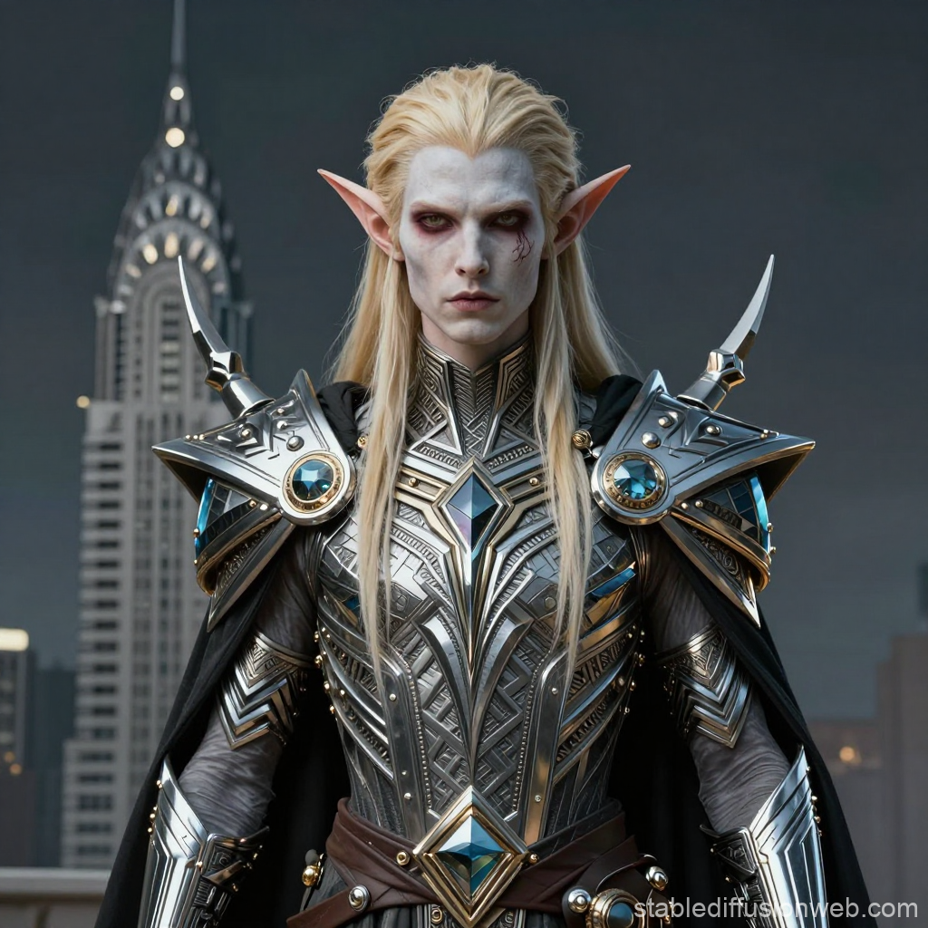 Wood Elf Cleric in Ornate Armor with Cityscape Background