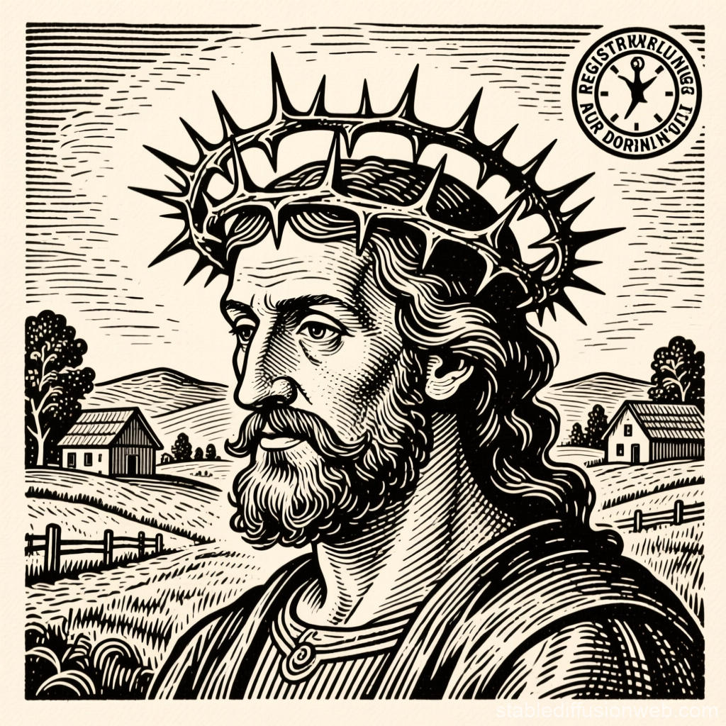 Woodcut Style Portrait of Jesus with Crown of Thorns